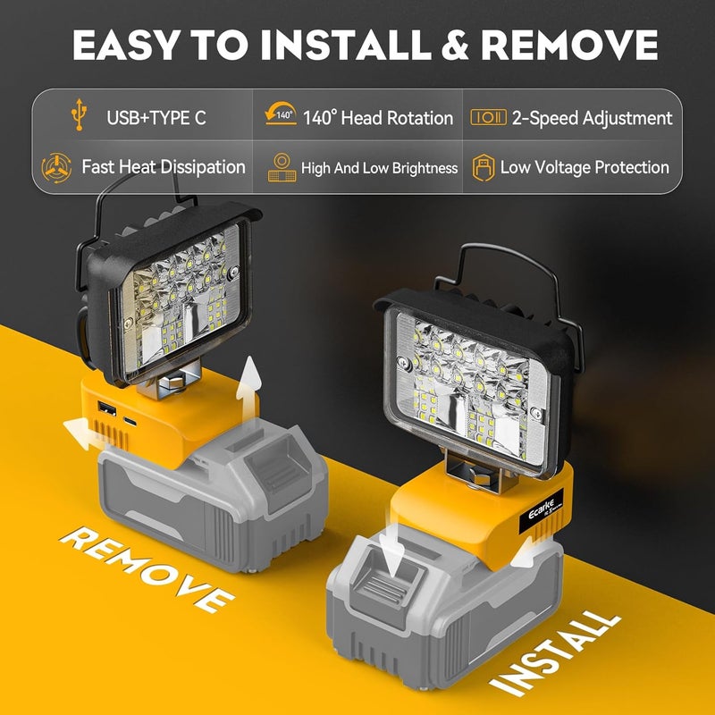 Ecarke Cordless Handheld Flashlight for DeWalt 18V/20V: LED Work Battery Light - 20W 2000LM Tools for Working in Dark Environments,Outdoor,Fishing,Gift,Job Site&Security Lighting(Only Tool) - Image 2